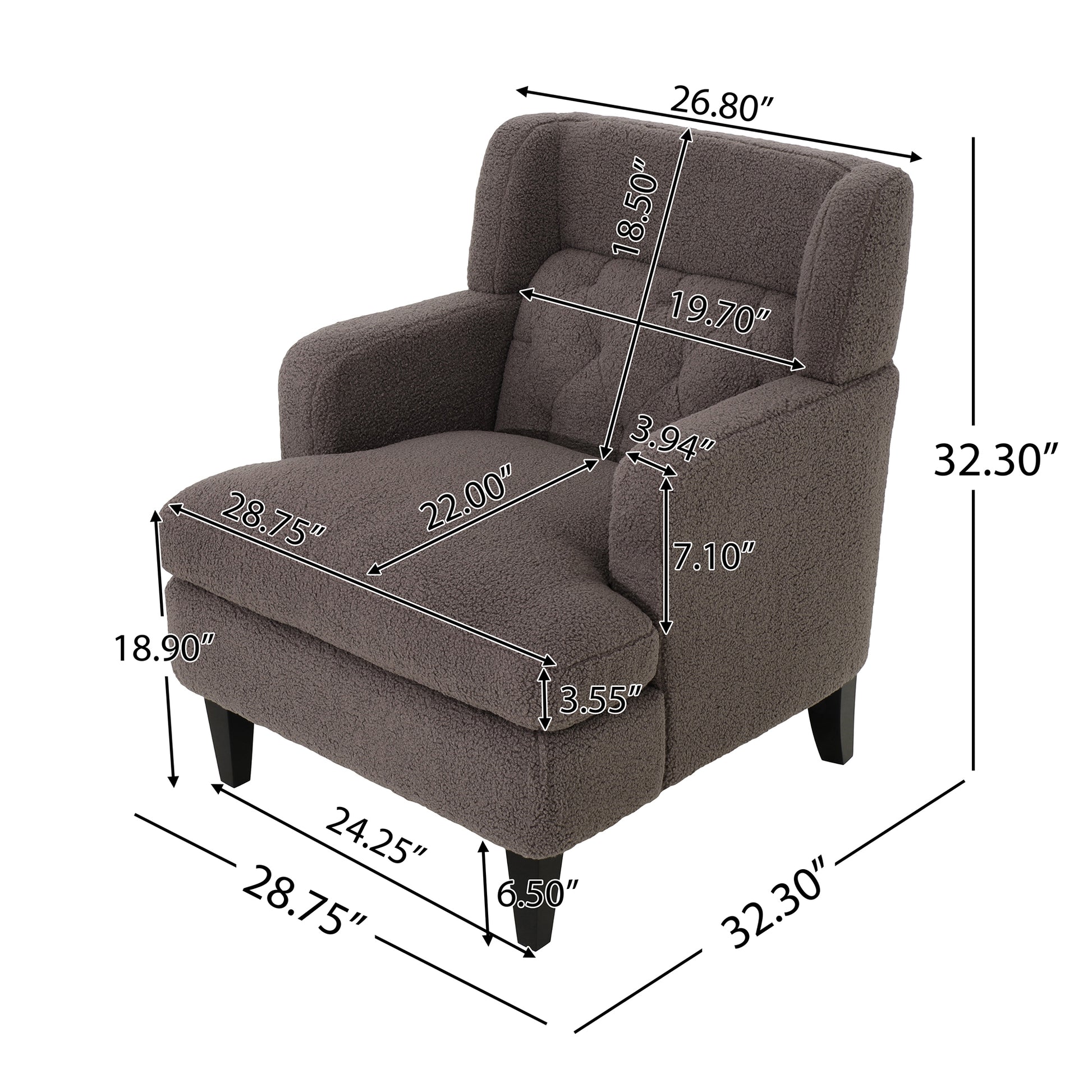 Dark gray teddy fabric armchair with diamond tufted back and dimensions