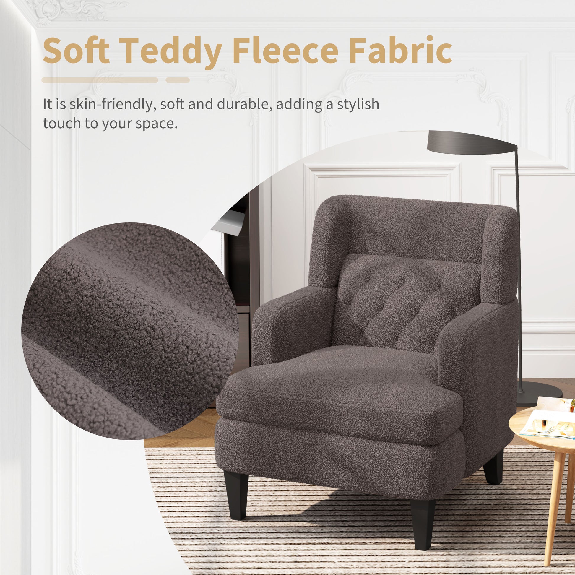 Dark grey teddy fleece fabric accent chair with tufted back and black legs