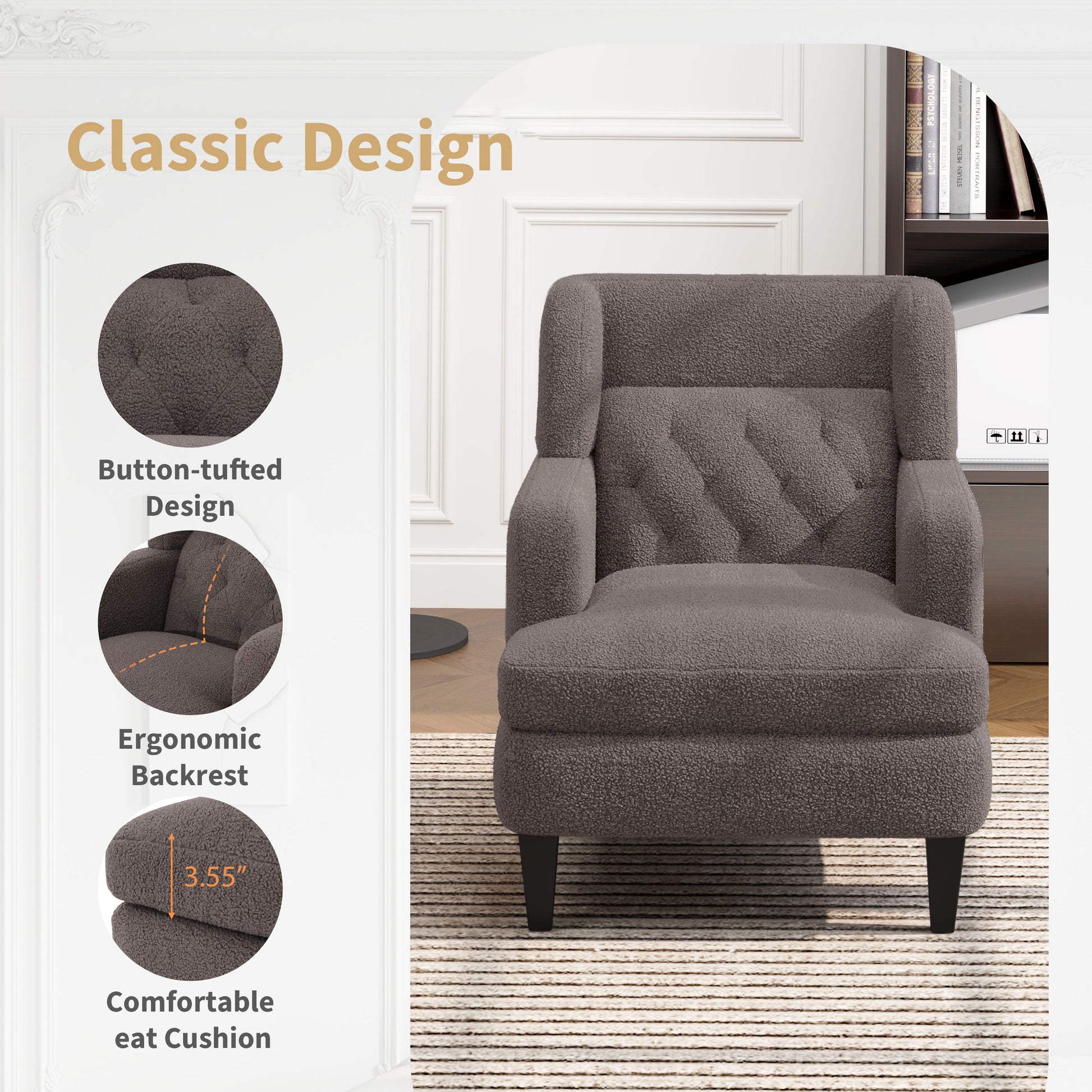 Plush grey accent chair with buttontufted backrest and comfortable seat cushion