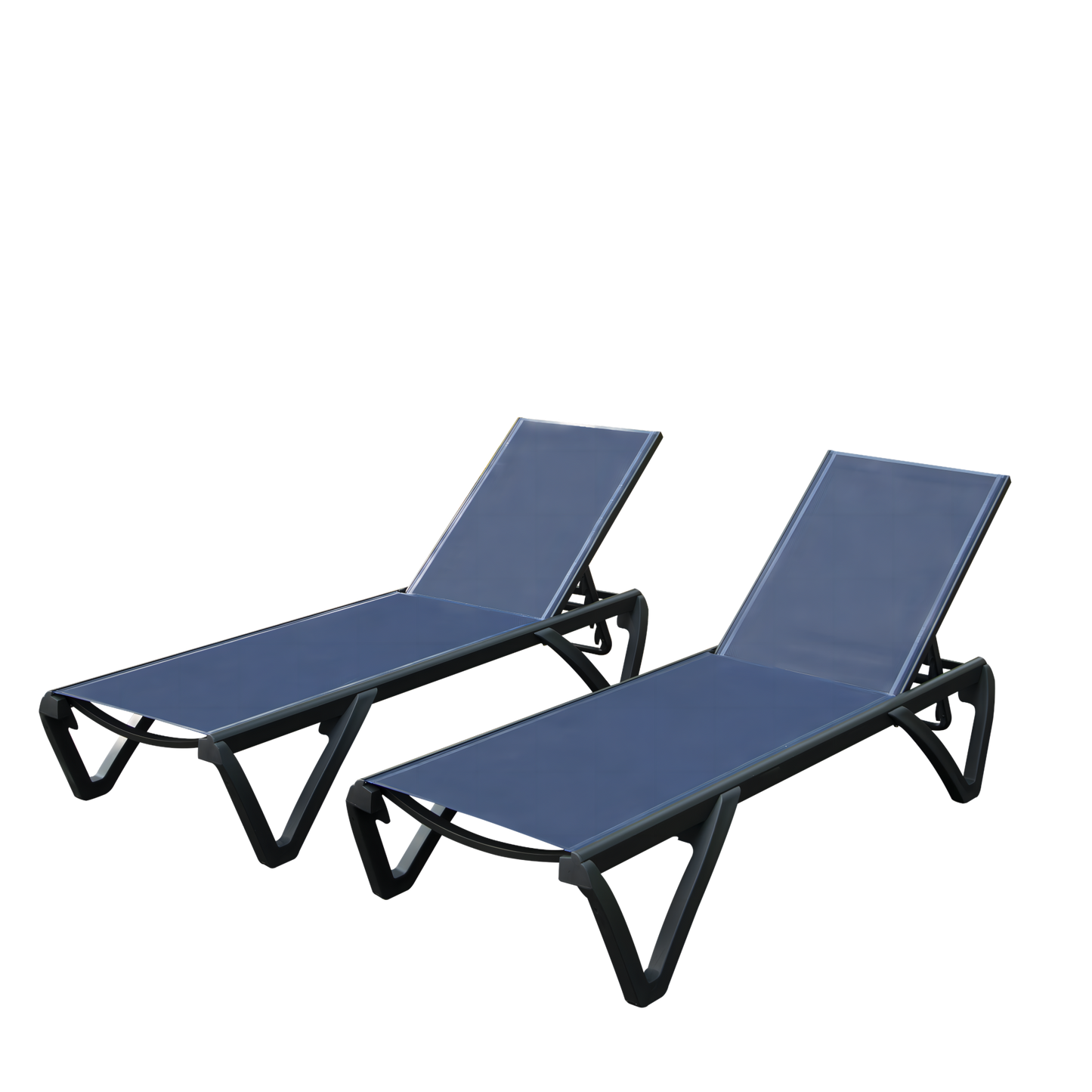 Two modern navy blue aluminum lounge chairs with adjustable backs for outdoor relaxation