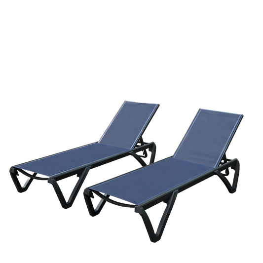 Two modern navy blue aluminum lounge chairs with adjustable backs for outdoor relaxation