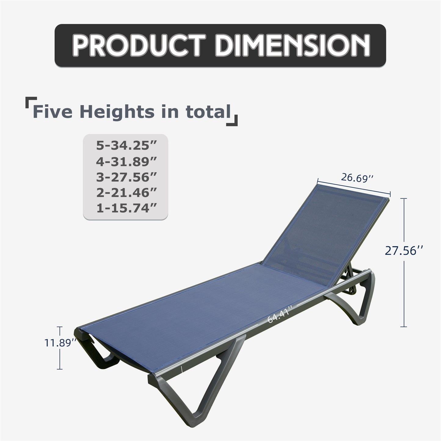 Dark blue adjustable chaise lounge with aluminum frame  long