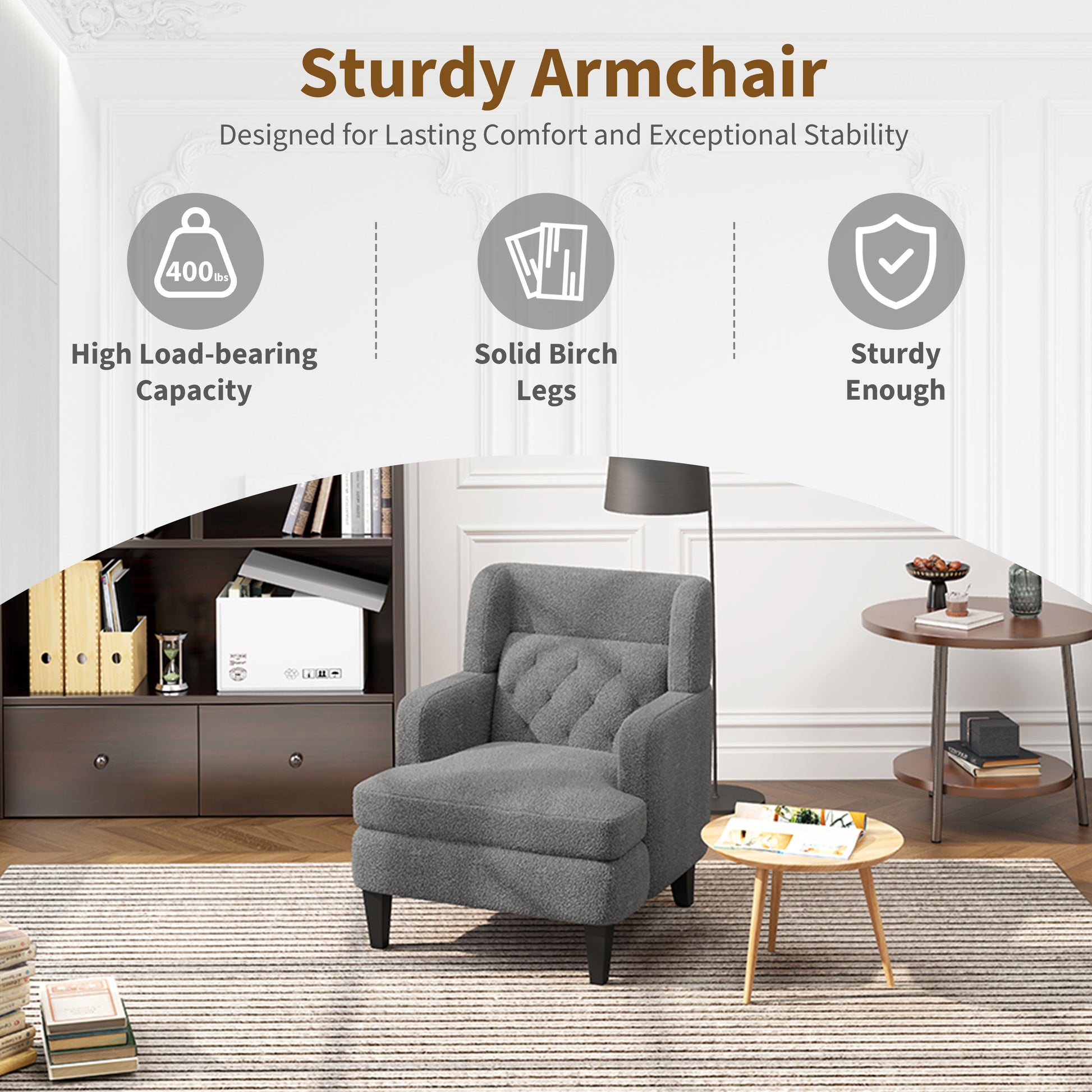 Plush gray armchair with tufted back and sturdy birch legs ideal for living rooms