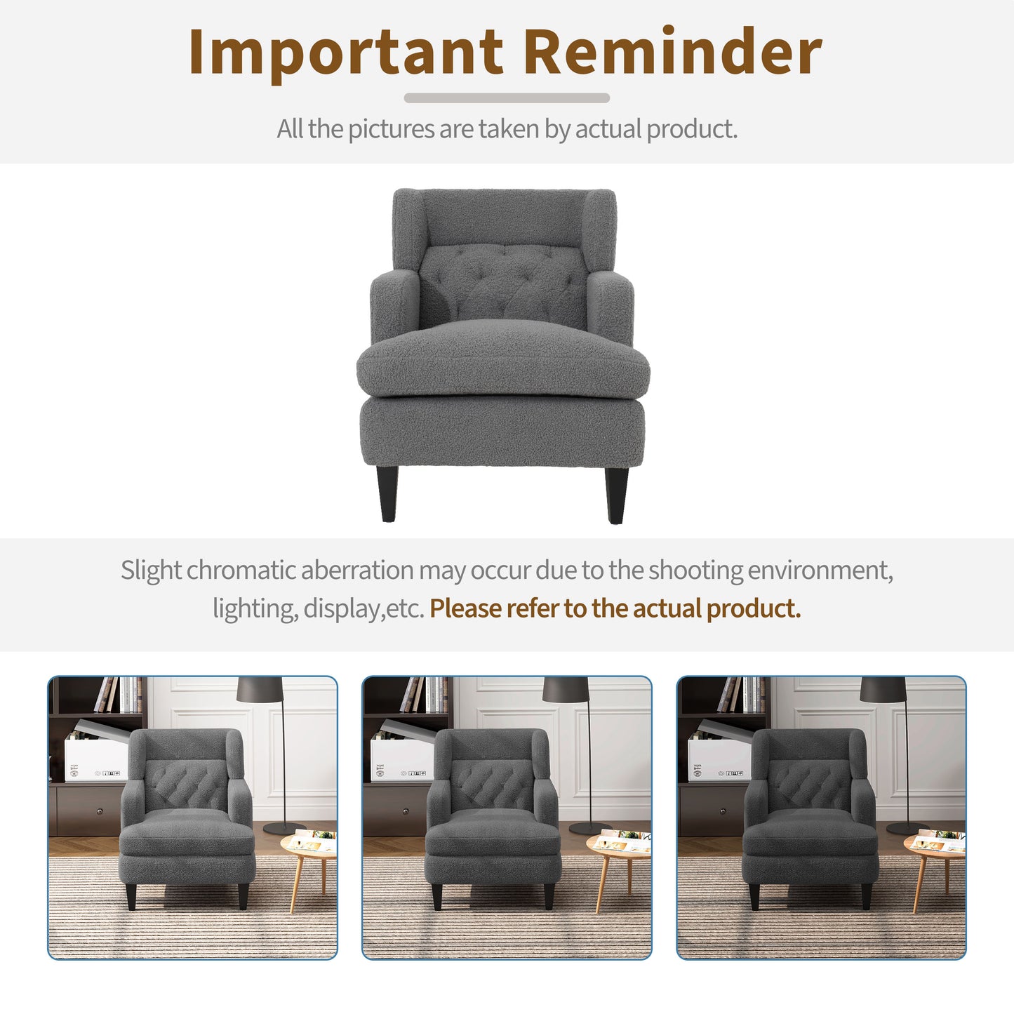 Dark grey textured fabric armchair with button tufting and plush seat