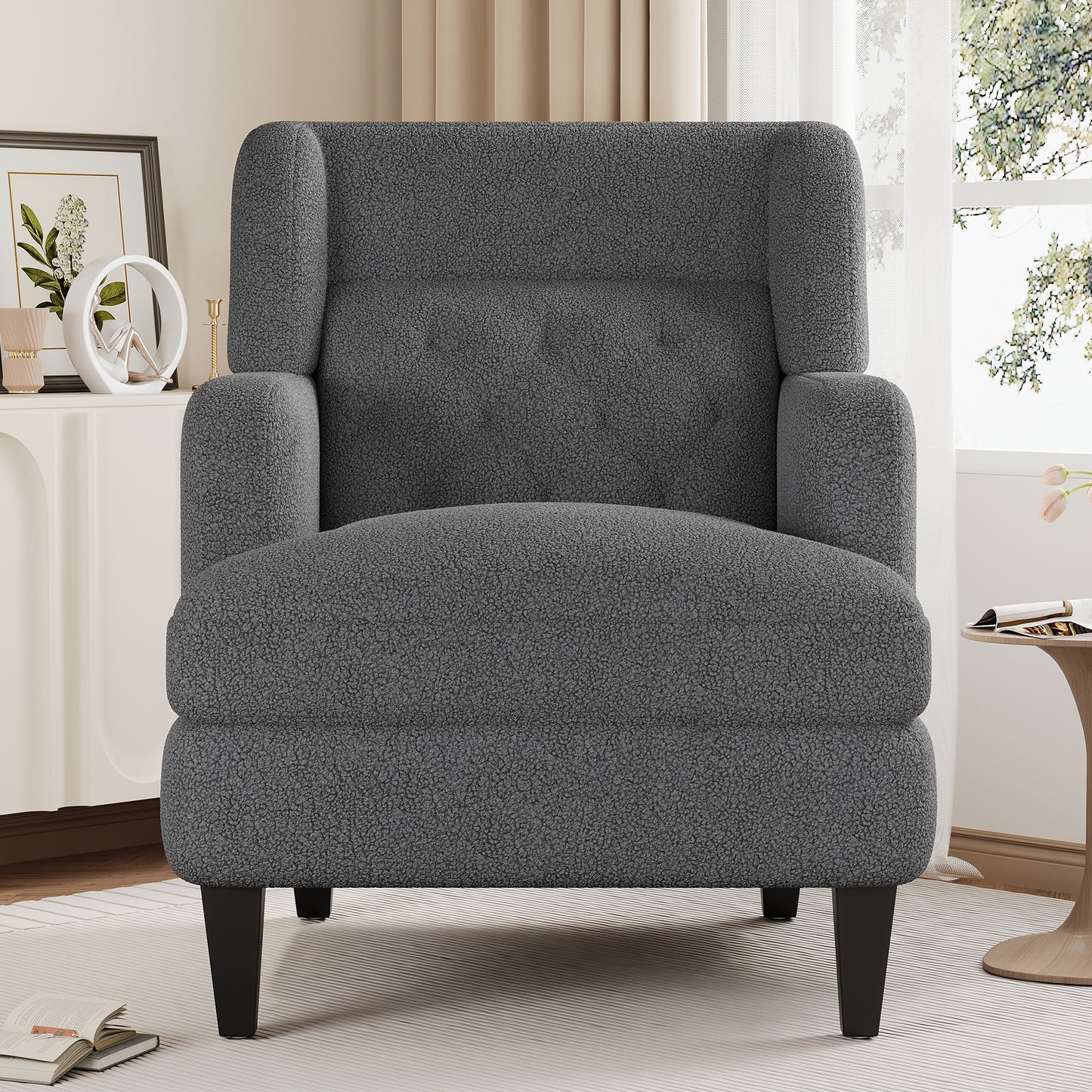 Cozy gray teddy fabric armchair with tufted back and black wooden legs
