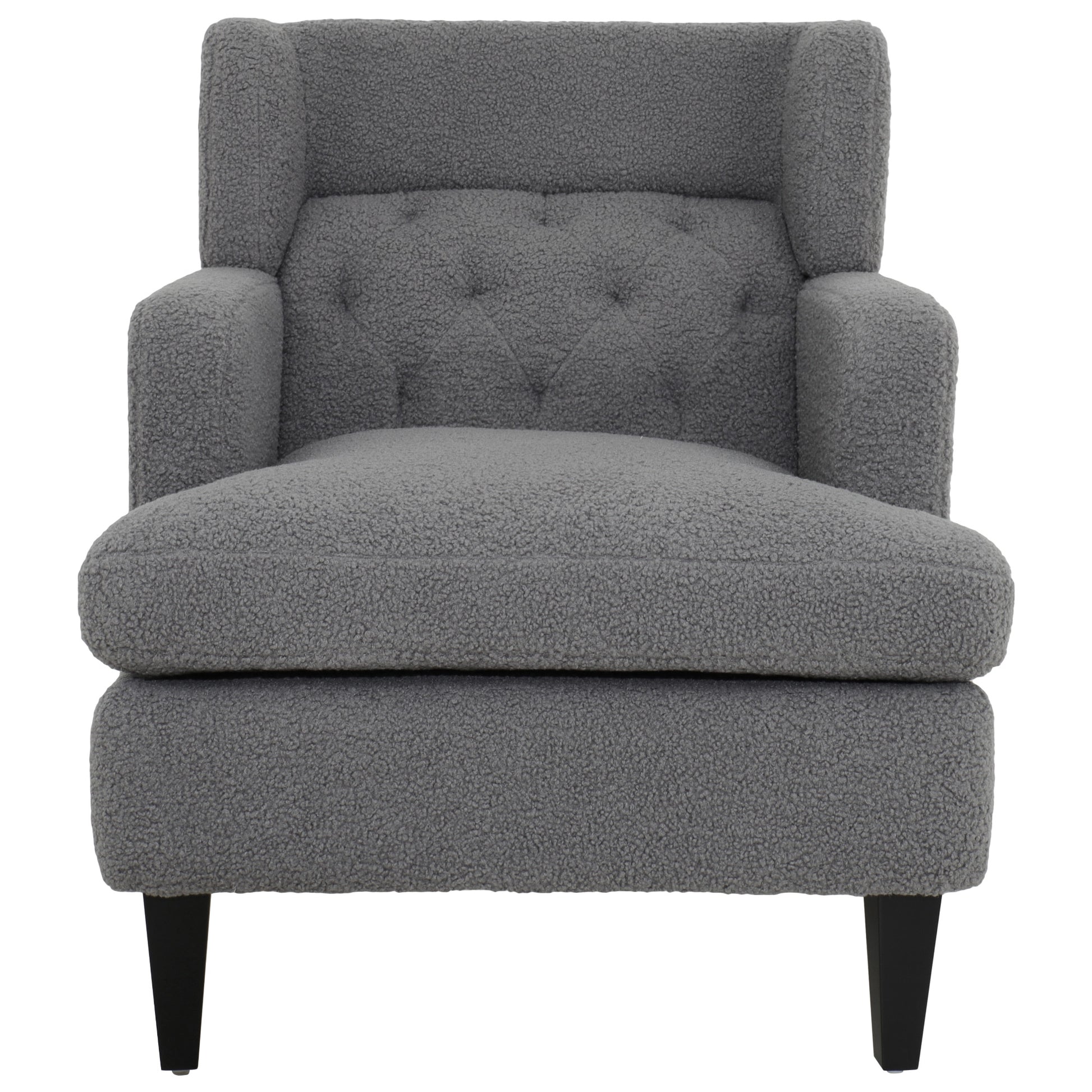 Grey sherpa accent chair with tufted backrest and plush seating