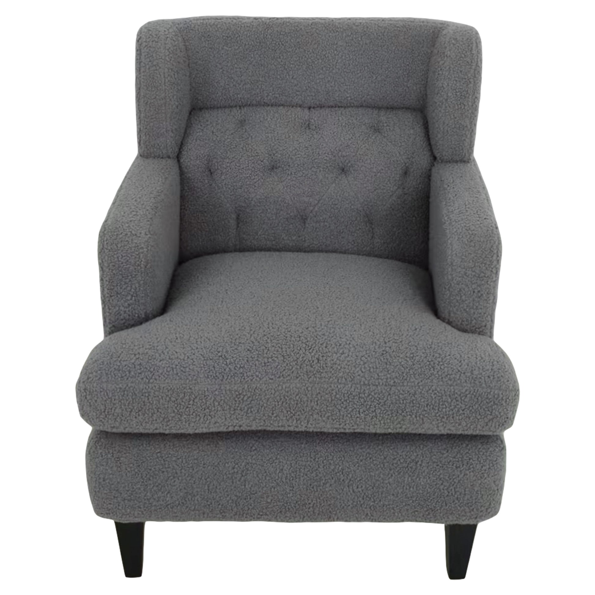 Gray teddy fabric armchair with tufted back and black legs