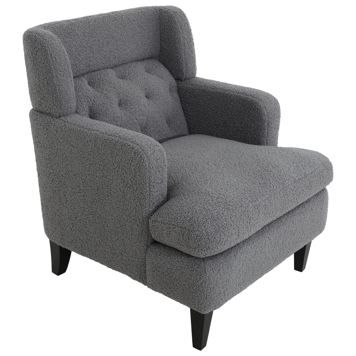 Plush grey armchair with button tufting and black tapered legs perfect for living room accent seating