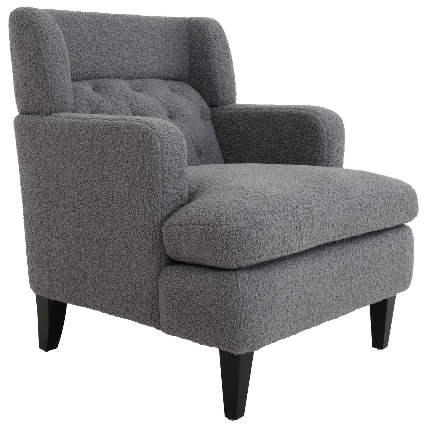 Gray boucl armchair with tufted back and black tapered legs