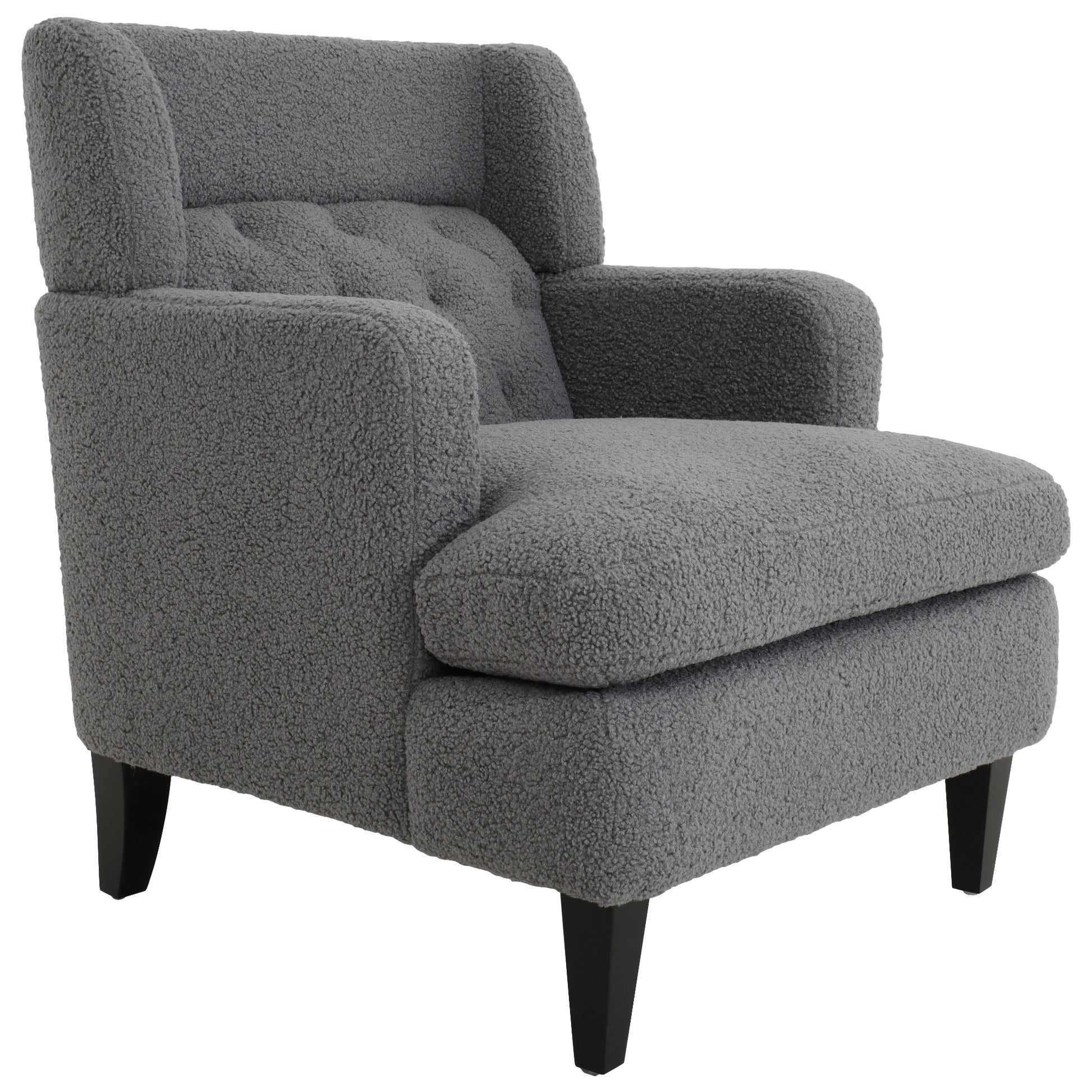 Gray boucl armchair with tufted back and black tapered legs