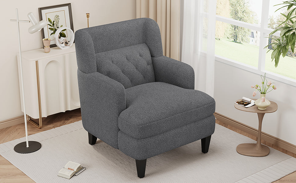Grey textured fabric armchair with tufted back cushions for living room comfort