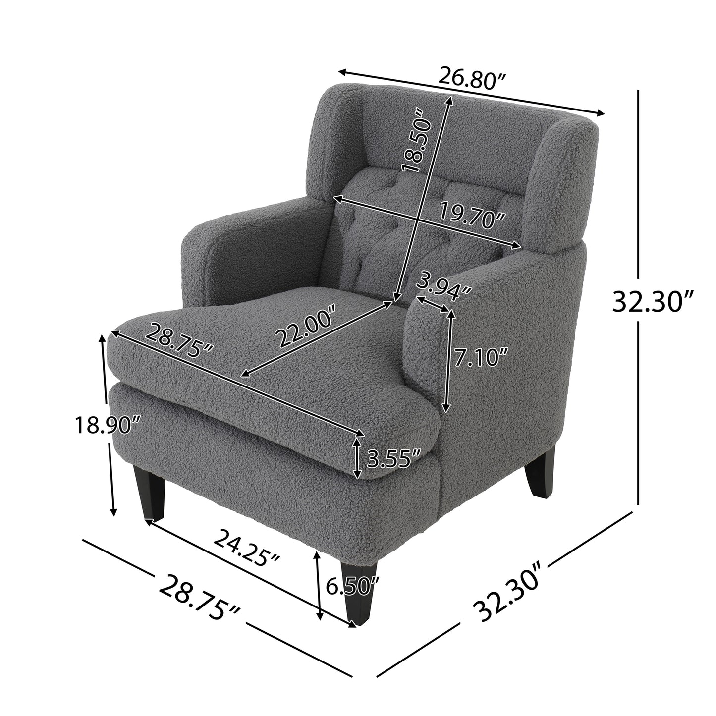 Tufted gray teddy fabric armchair with dark wood legs and detailed dimensions shown