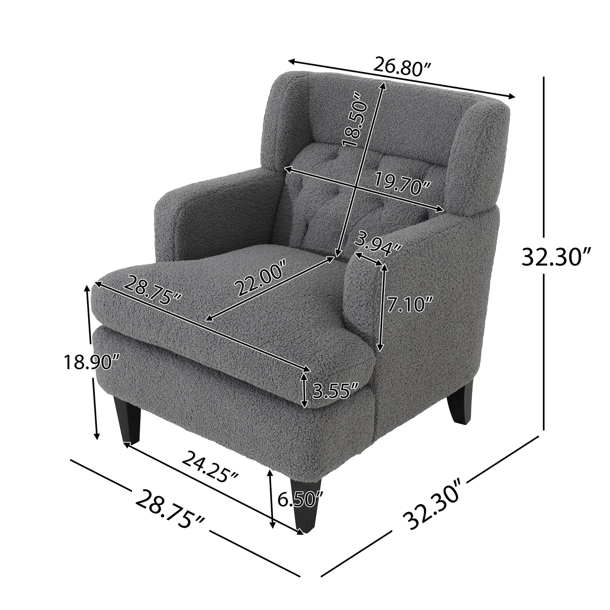 Tufted gray teddy fabric armchair with dark wood legs and detailed dimensions shown