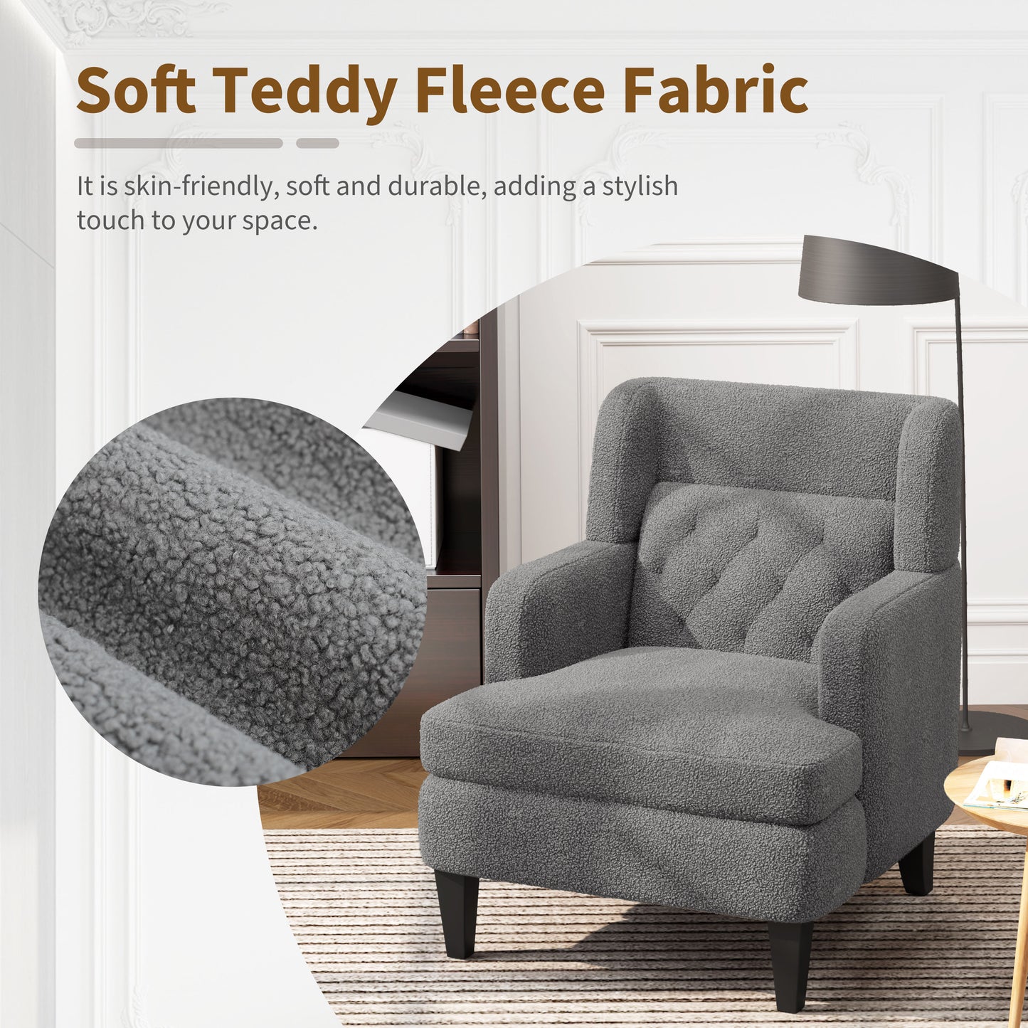 Closeup of plush grey teddy fleece fabric texture on an armchair