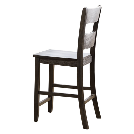 Dark wood counter height stool with textured white seat and backrest modern design