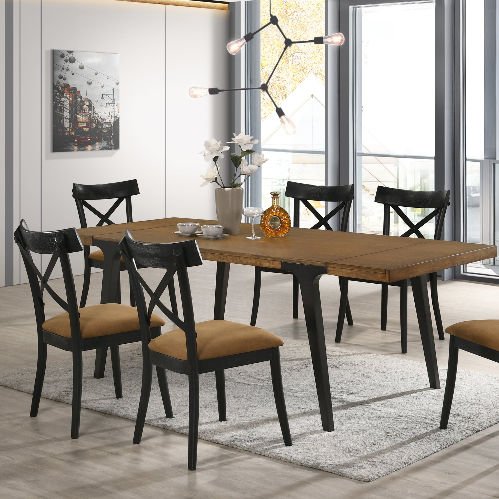 Modern industrial dining table with black metal legs and distressed wood top