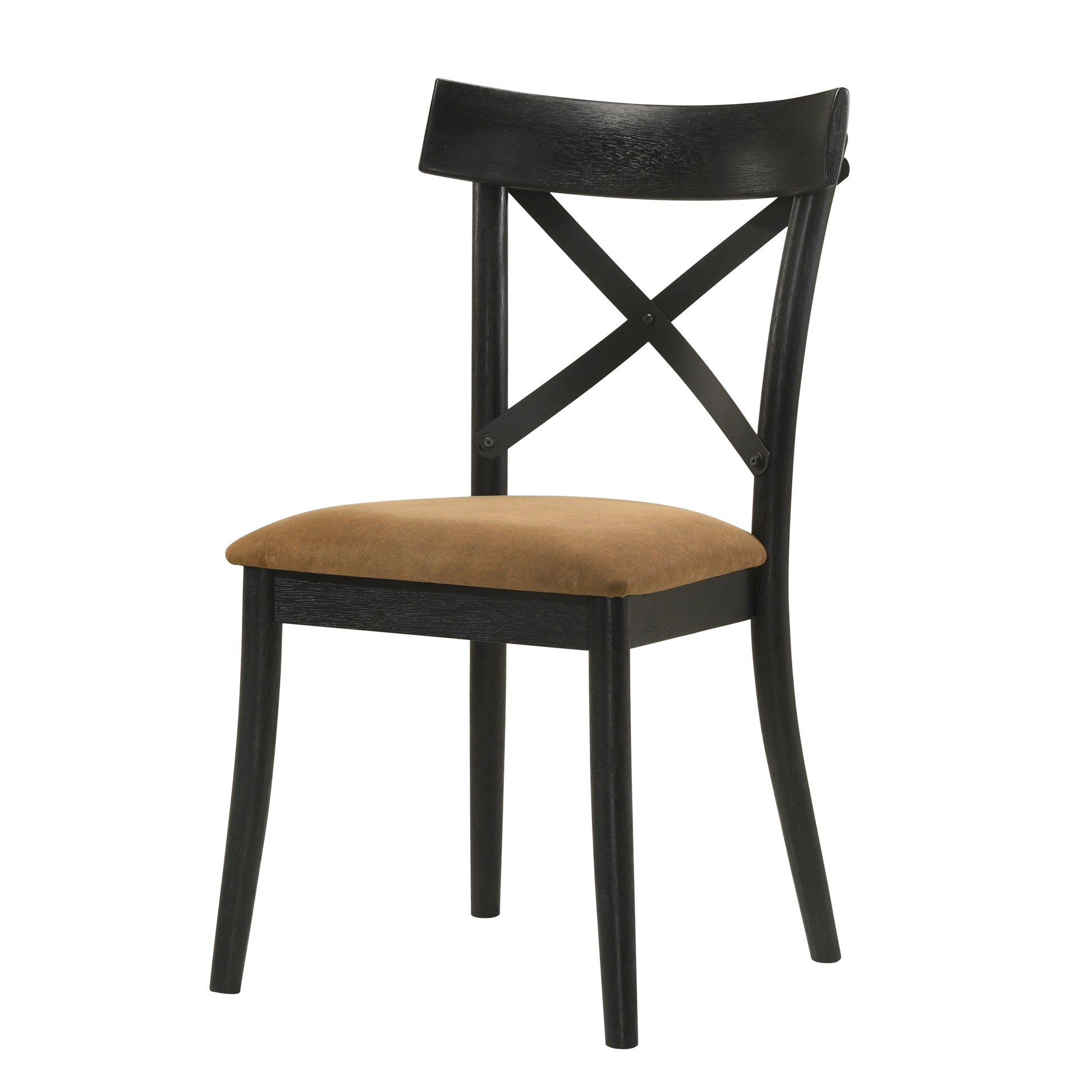 Black wooden dining chair with tan upholstered seat and crisscross back detail
