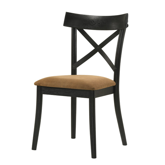 Black wooden dining chair with tan upholstered seat and crisscross back detail