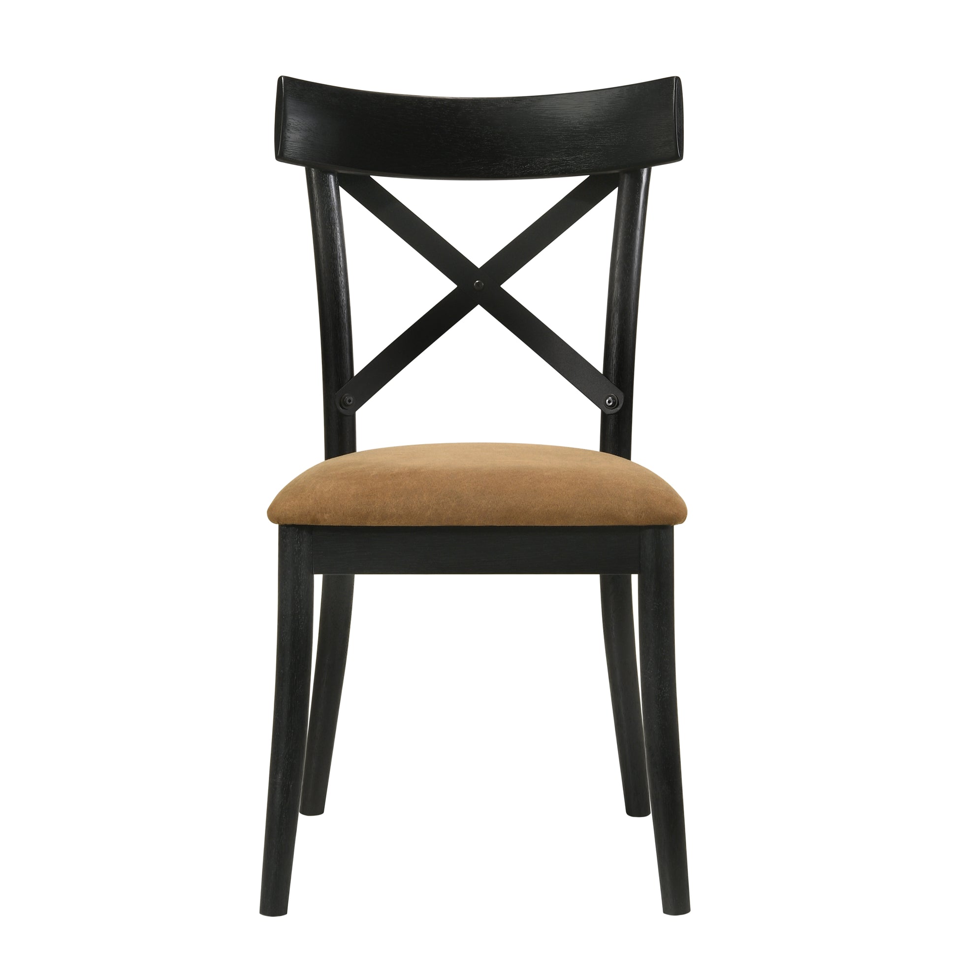Black wooden dining chair with tan upholstered seat and Xback detail