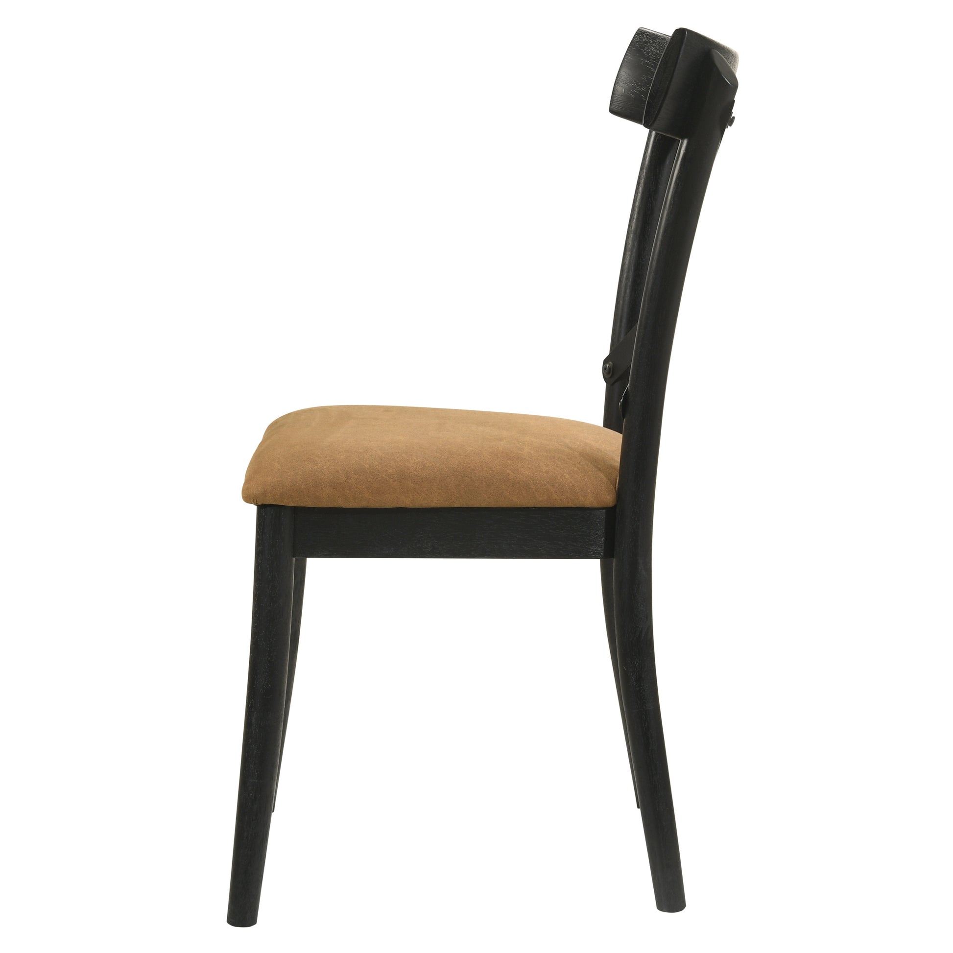Black wooden dining chair with a tan upholstered seat perfect for modern kitchens