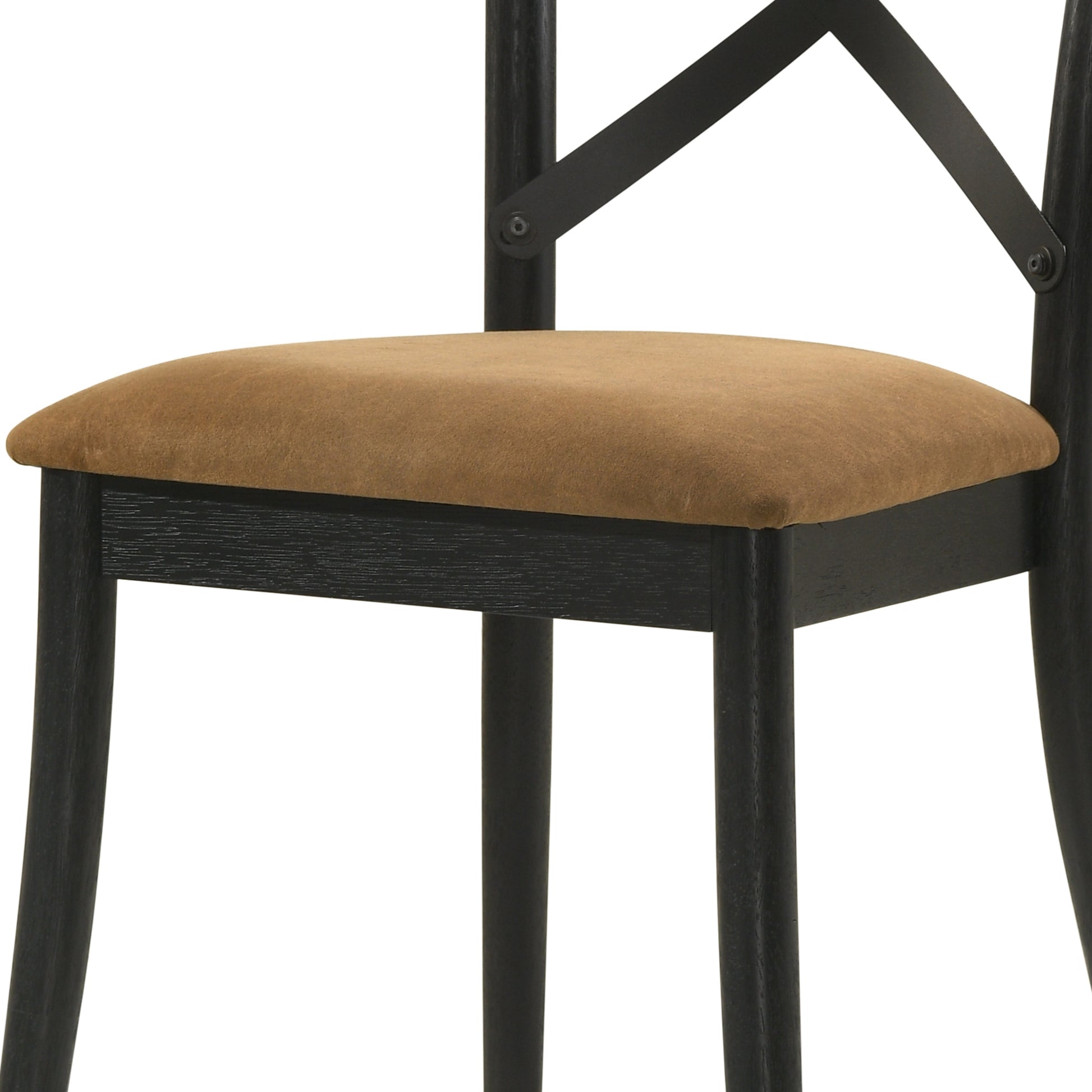 Black wood dining chair with plush tan seat cushion and crossback design