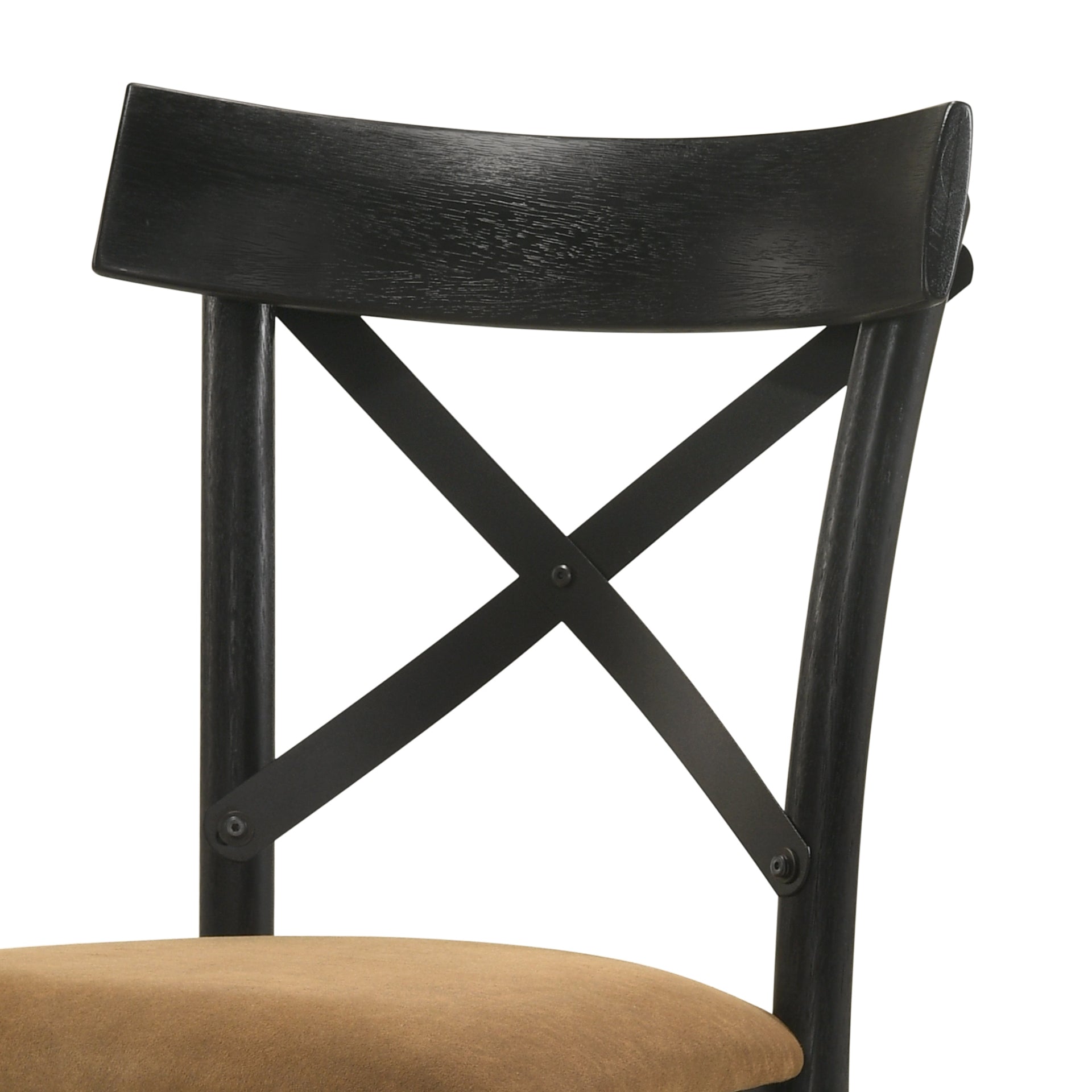 Black wooden chair back with Xbrace detail and tan upholstered seat