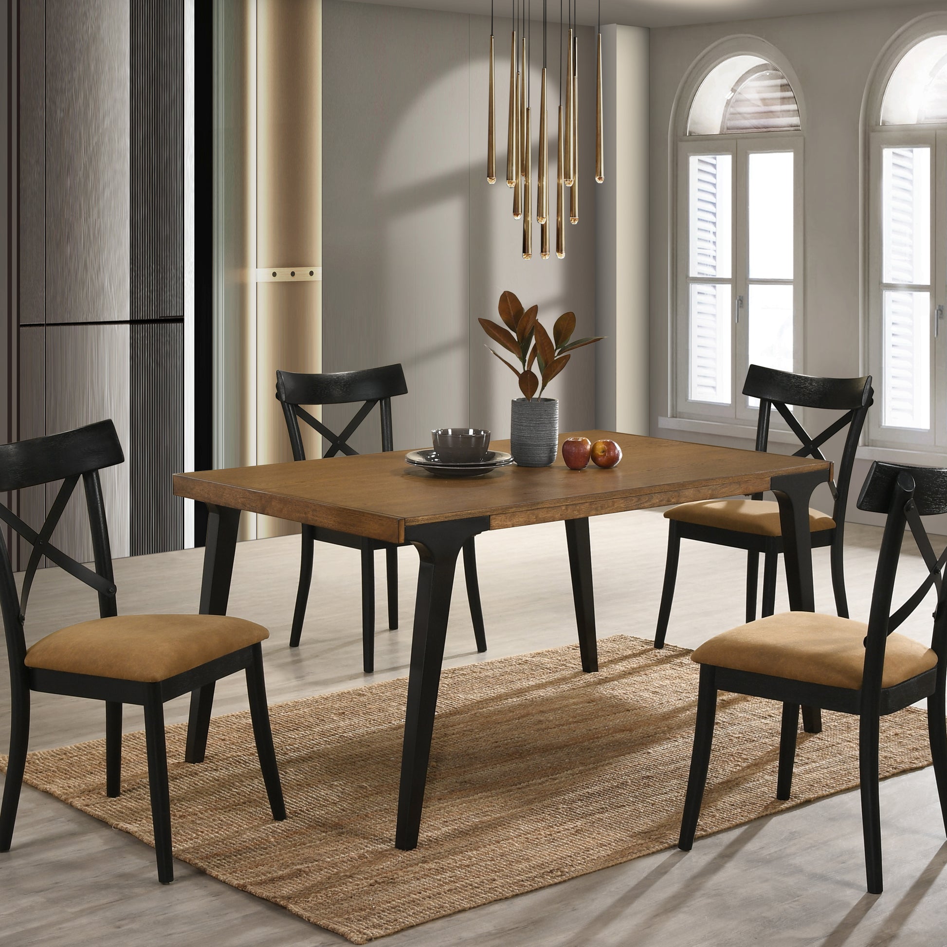 Modern dining table with rich wood finish and black metal legs seats four