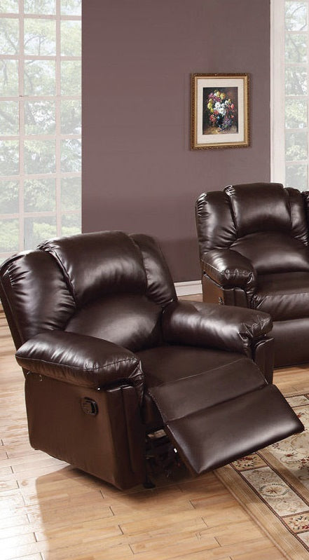 Brown leather recliner chair with plush cushions and extended footrest