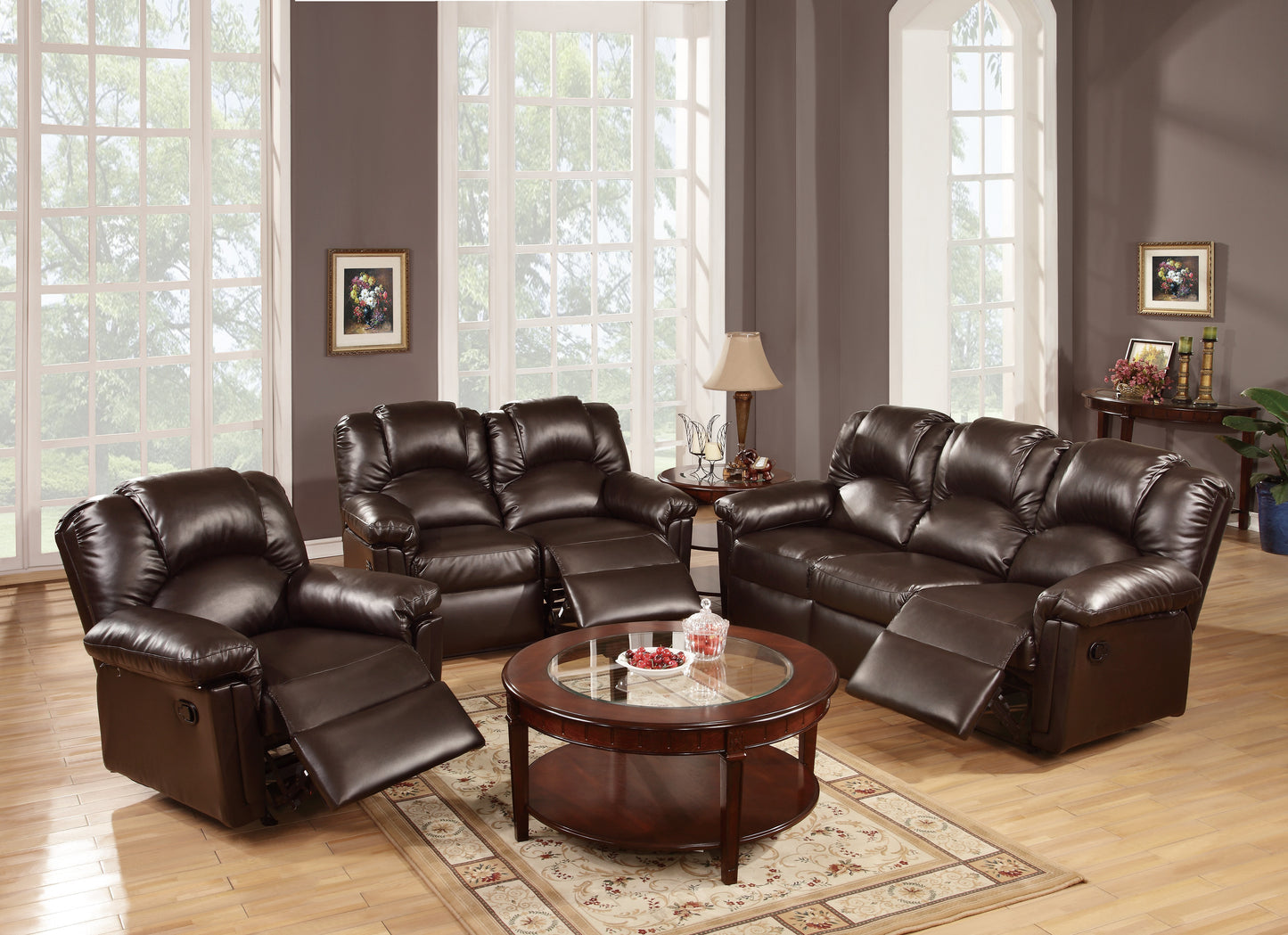 Dark brown leather recliner sofa set with plush cushions for ultimate comfort