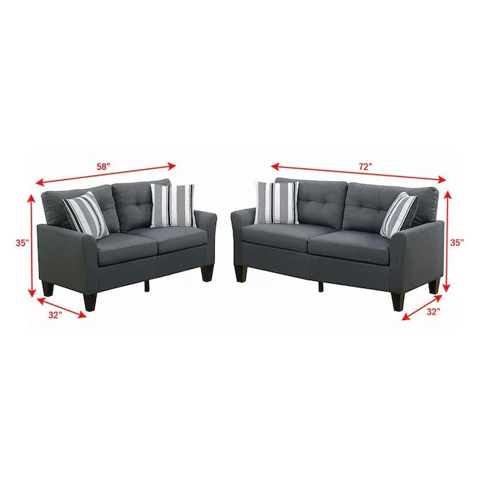 Dark grey fabric sofa set with tufted cushions and striped accent pillows inch loveseat shown