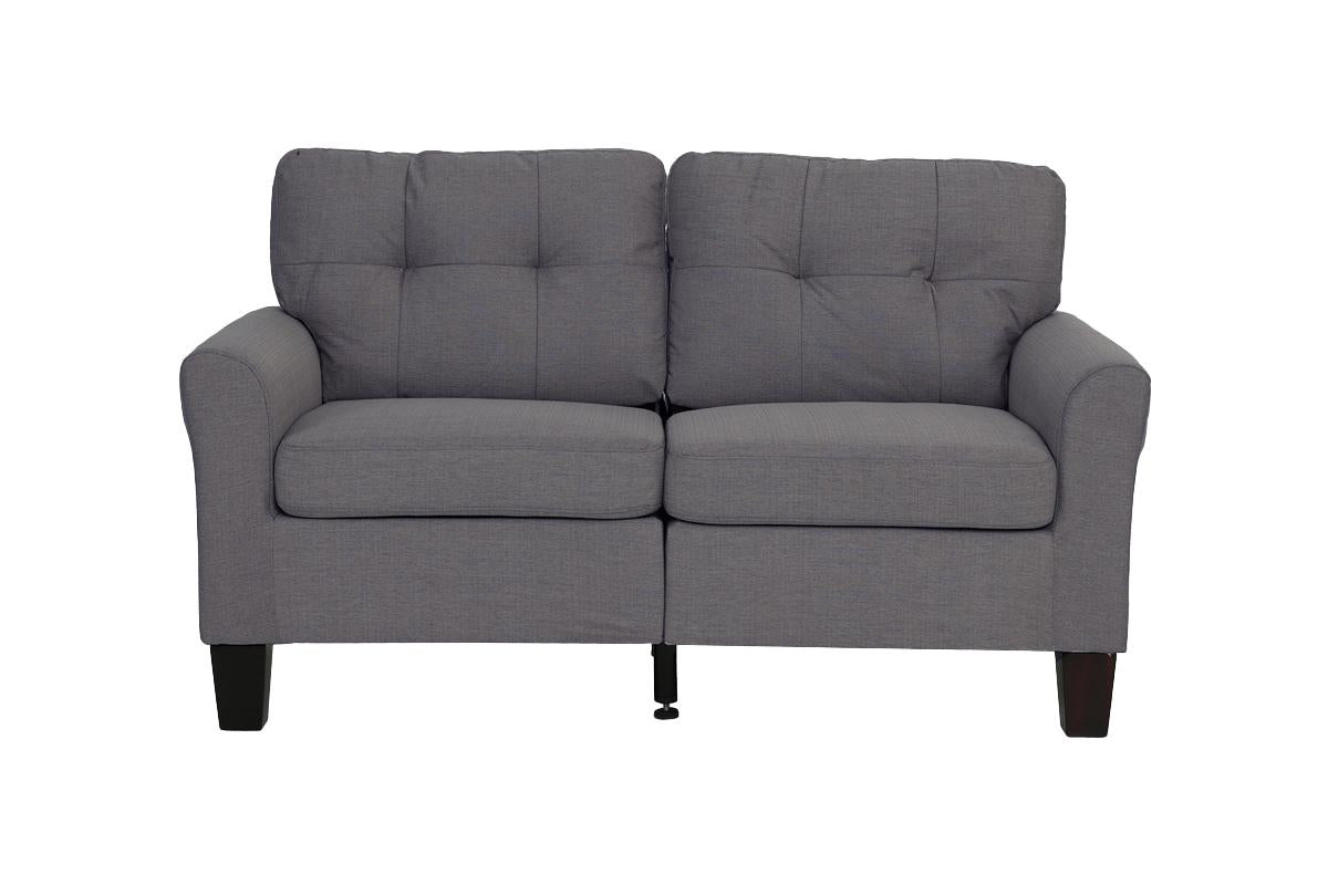 Tufted charcoal grey loveseat with plush fabric and clean lines for modern living rooms