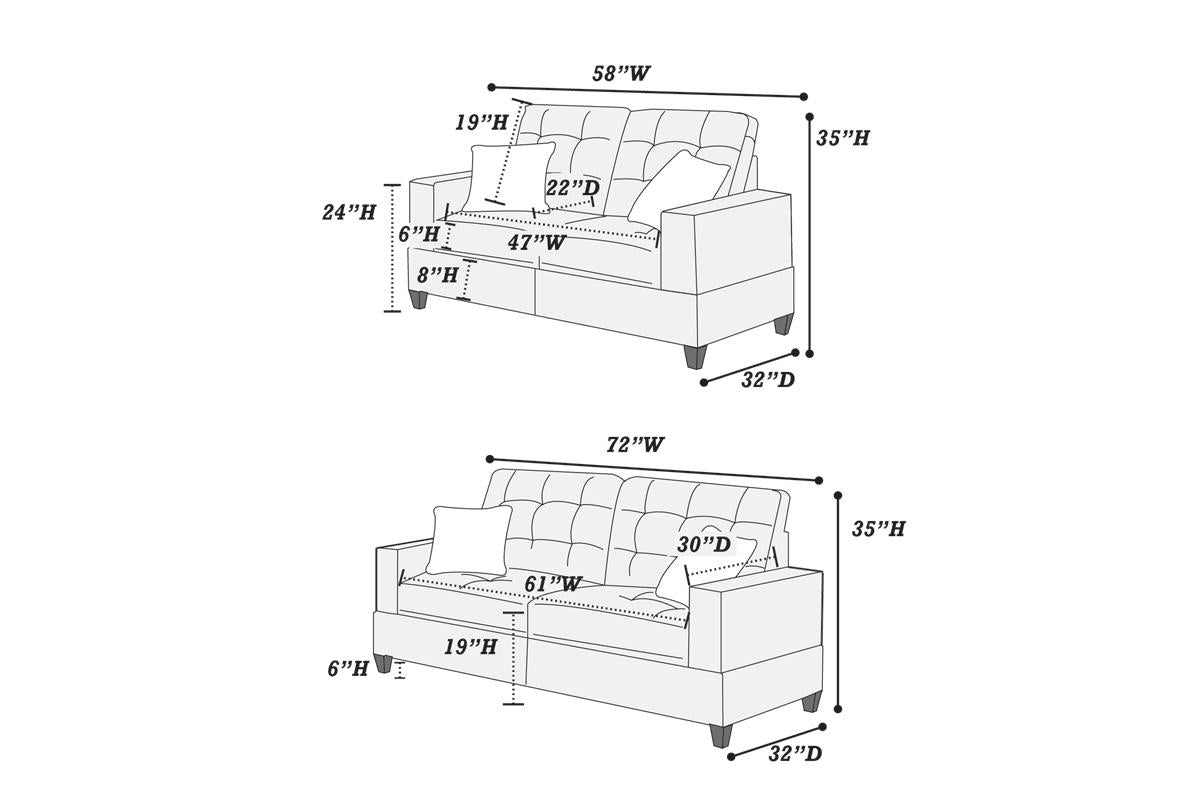 Diagram showing a W x H twoseater sofa with D seat depth and tufted cushions
