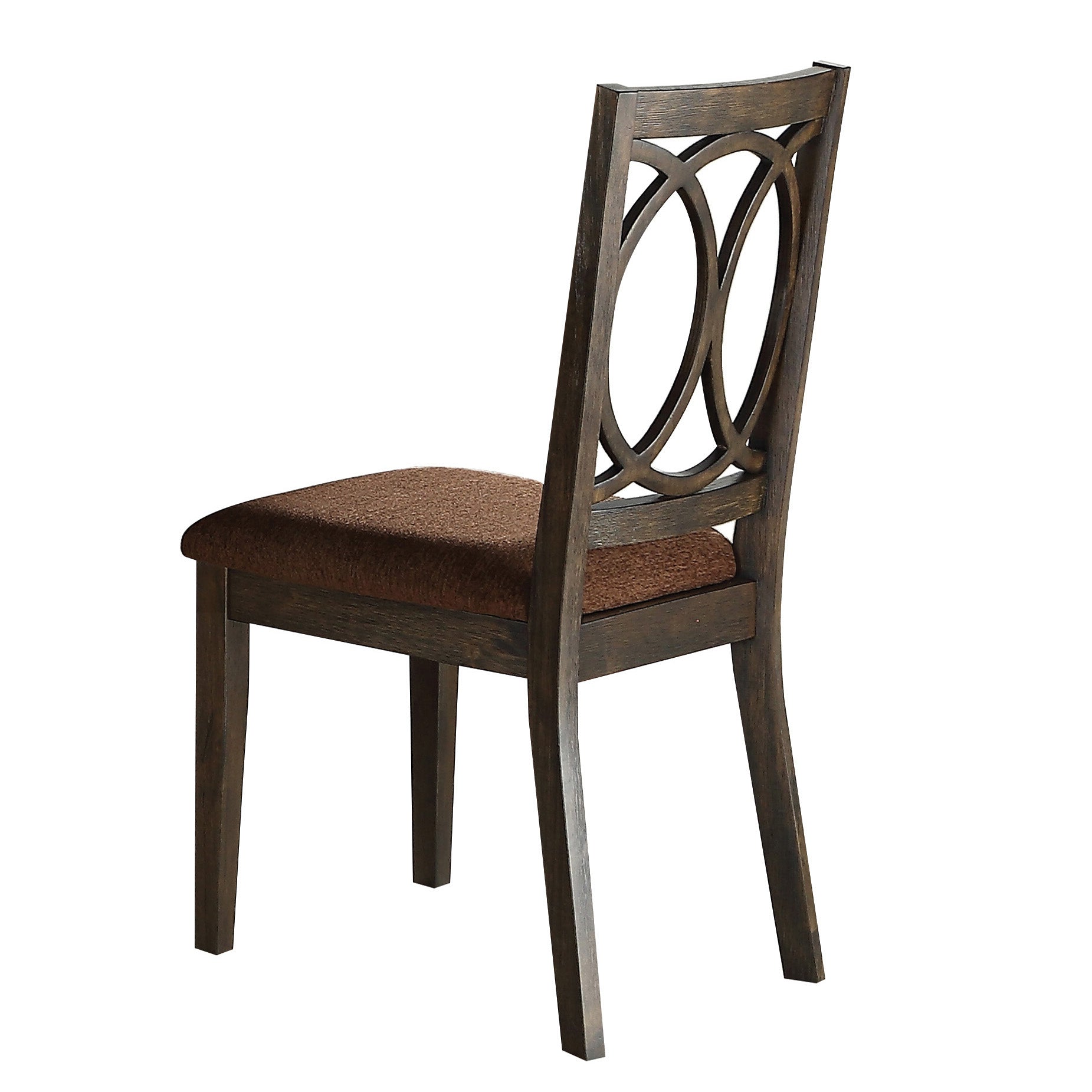 Dark wood dining chair with upholstered seat and geometric backrest detail