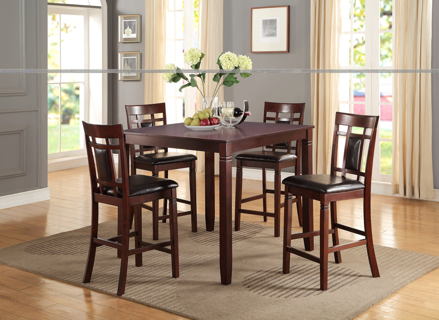 Rich cherry finish counter height table set with four upholstered leather bar stools
