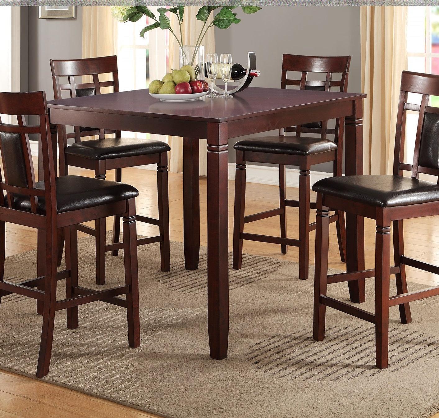Dark cherry wood counter height table set with upholstered seats