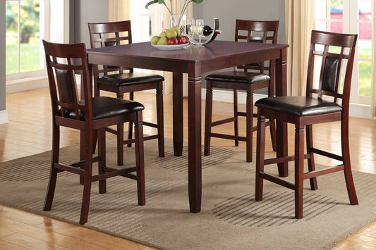 Dark cherry wood bar table with four upholstered counter stools perfect for a dining nook
