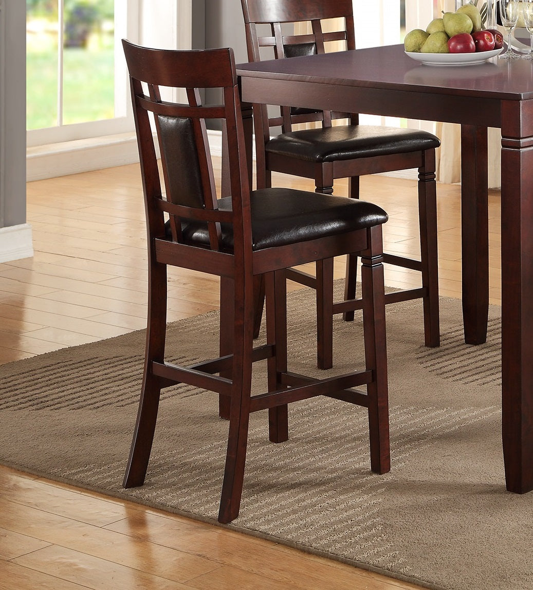 Dark cherry wood bar stool with tufted dark brown leather seat and ladder back design