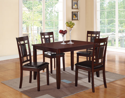 Rich mahogany dining table with four dark leather upholstered chairs