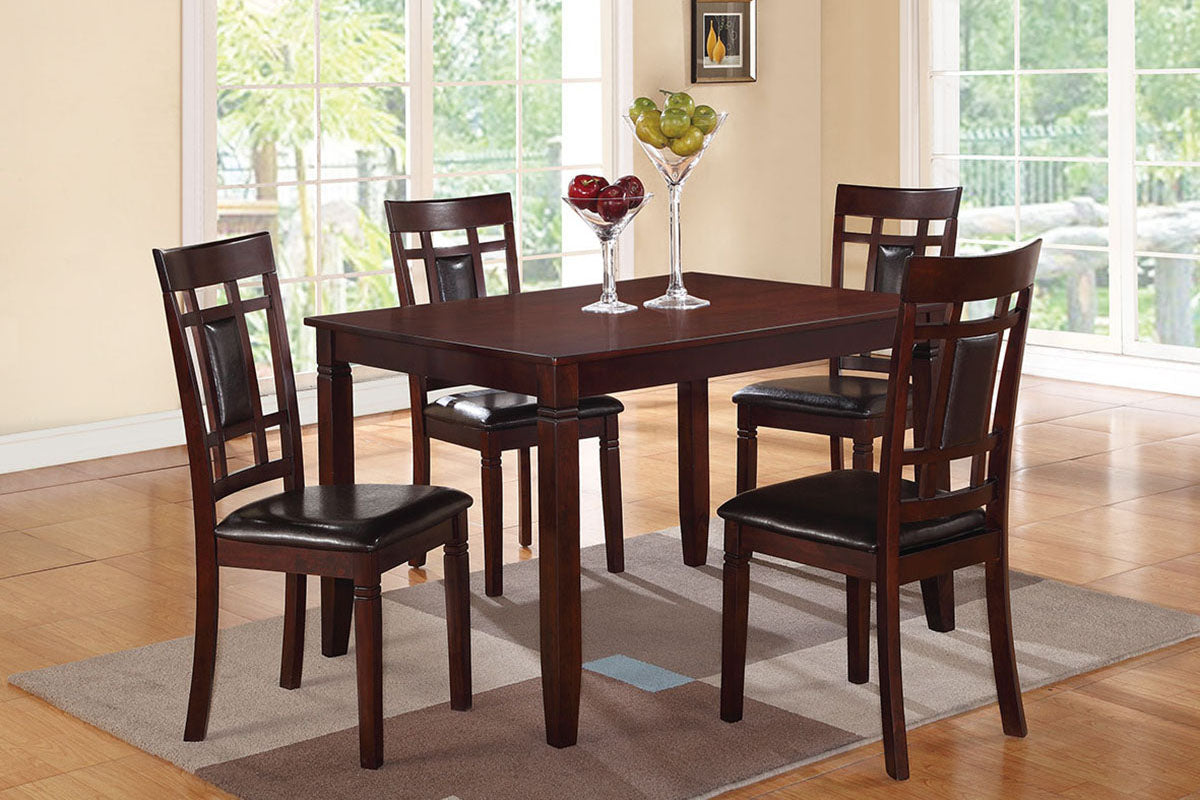 Dark brown wood dining table with four matching chairs featuring upholstered seats