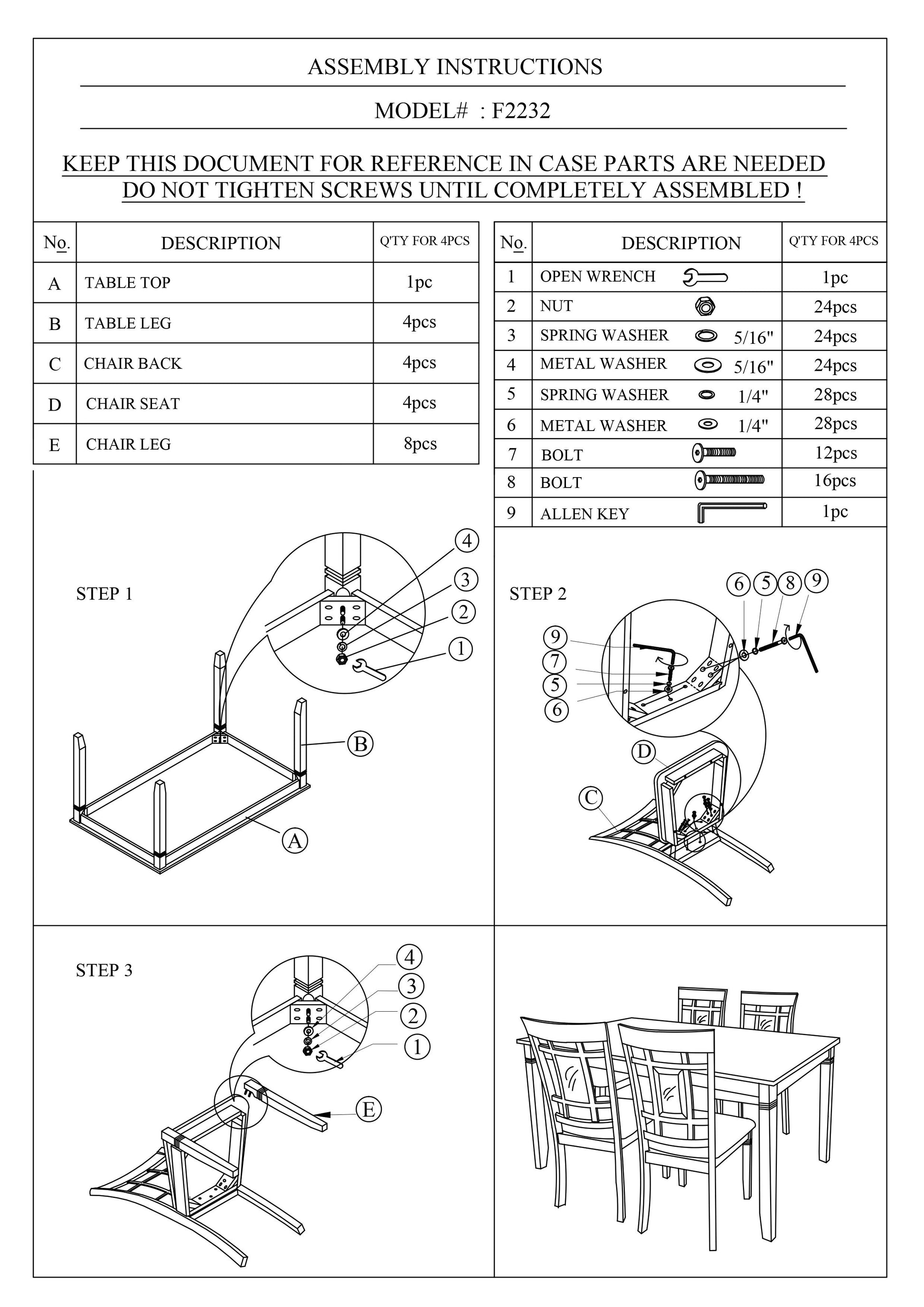 Assembly instructions for F model featuring table top legs and chair parts