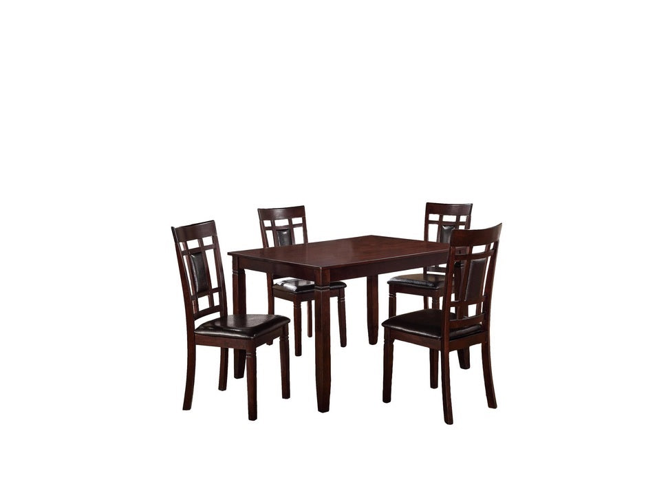 Dark wood dining table with four matching upholstered chairs a classic set