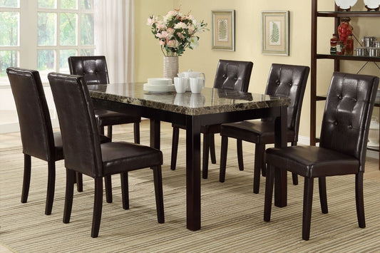 Dark brown tufted faux leather dining chairs with espresso wood legs sold as a set of six