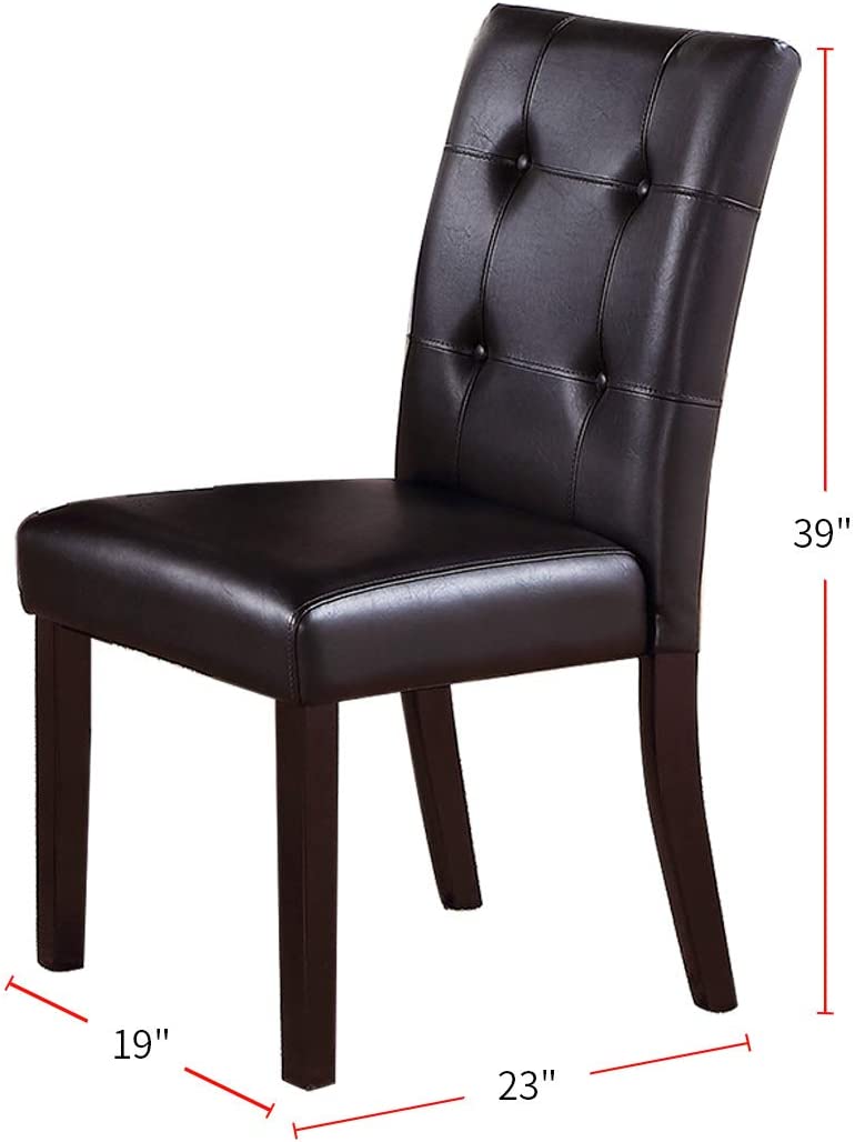 Tufted dark brown faux leather dining chair with wooden legs  height