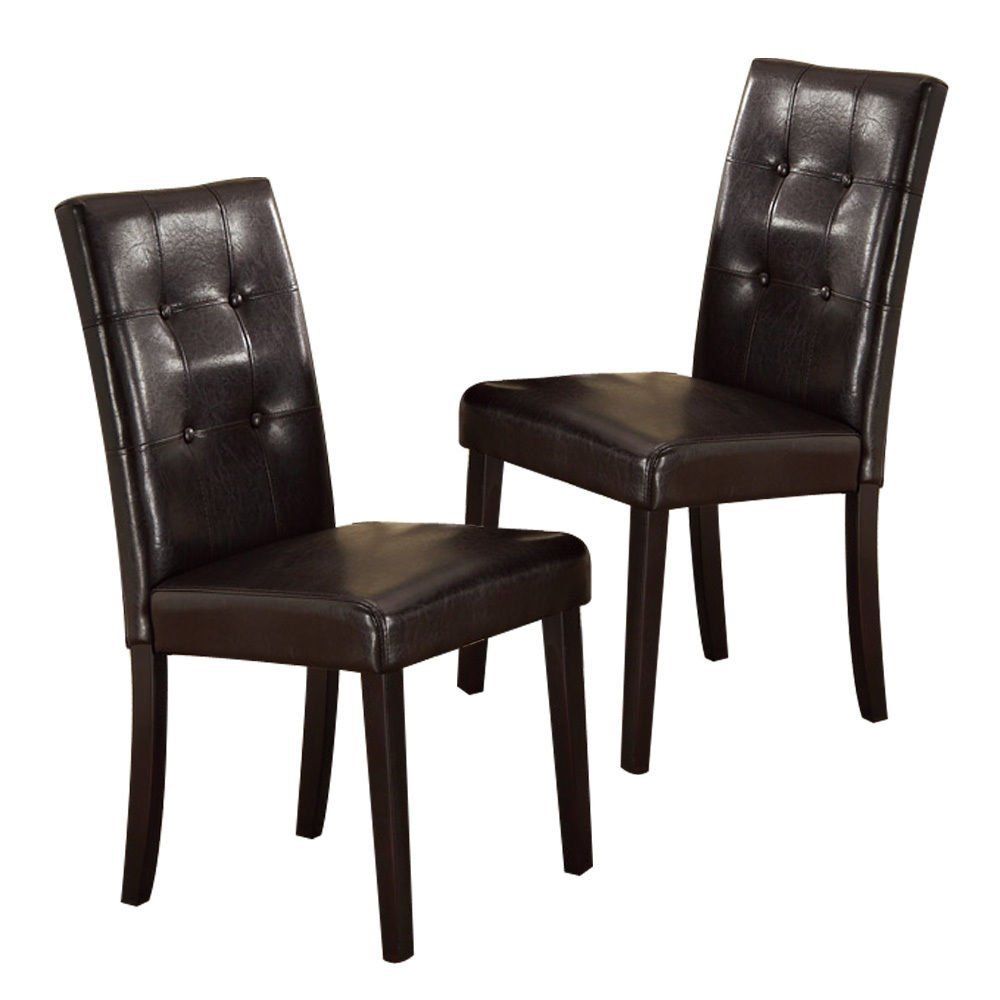 Tufted dark brown faux leather dining chairs with wooden legs sold as a set