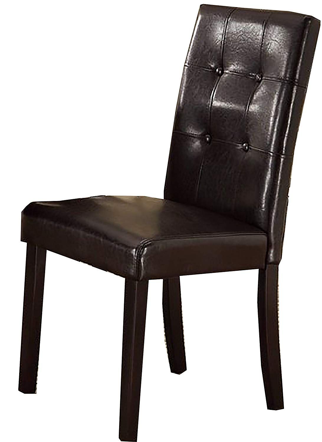 Dark brown faux leather dining chair with tufted back and wooden legs
