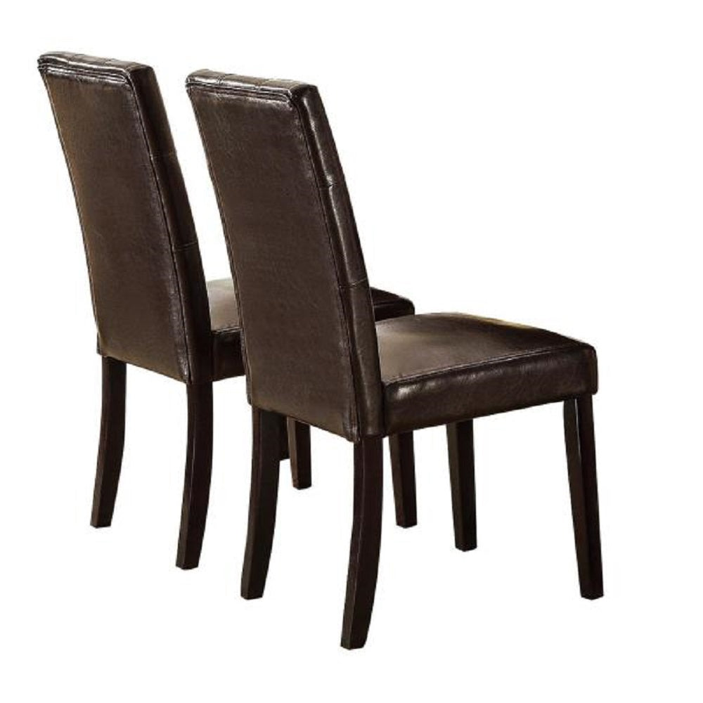 Two dark brown faux leather dining chairs with wooden legs elegant and modern design