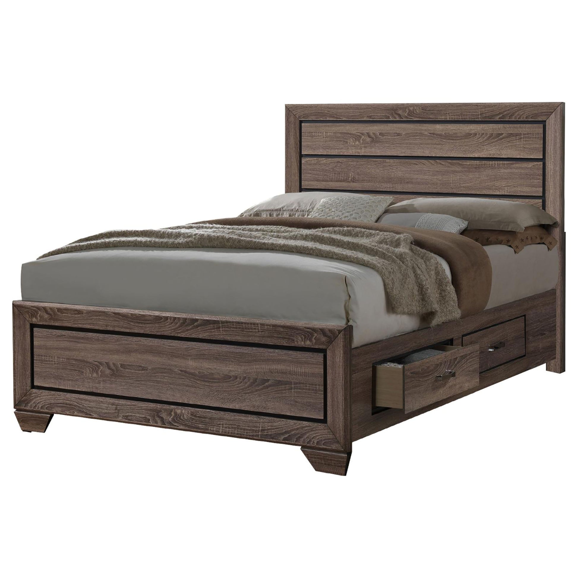 Rustic wood king bed with storage drawers and horizontally slatted headboard