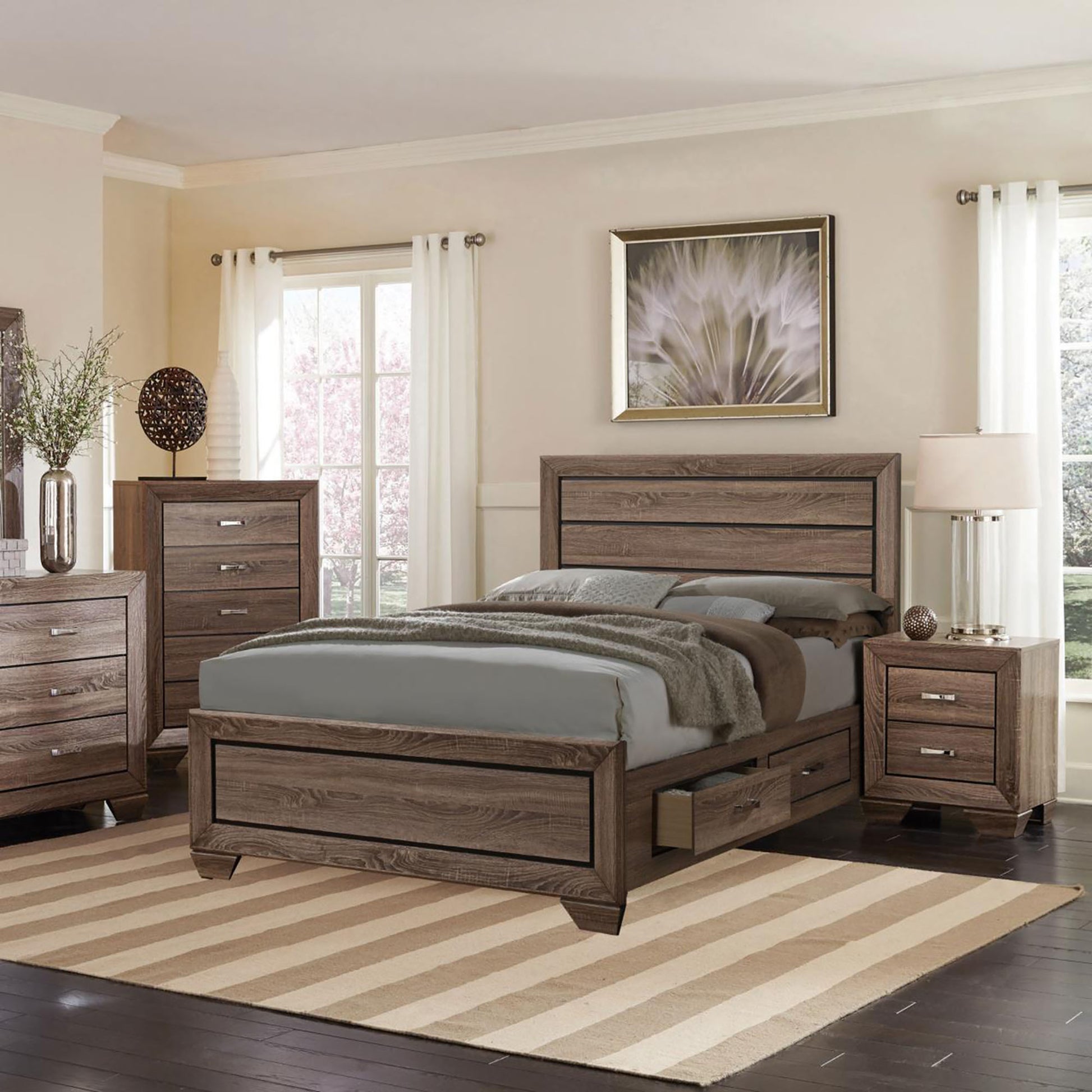 Rustic brown wooden queen bed with storage drawers and matching nightstand