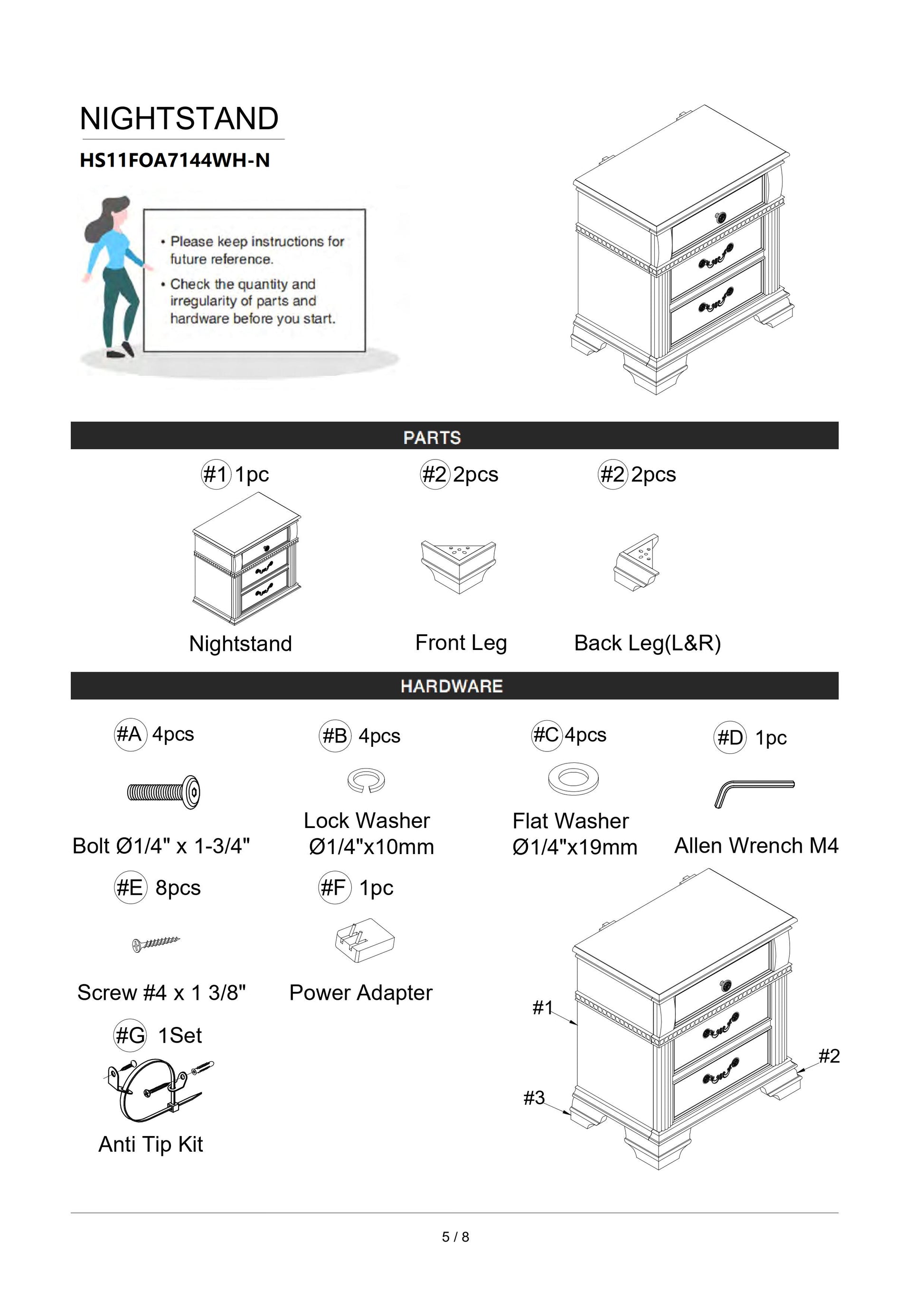 White nightstand with three drawers and ornate handles part of assembly instructions
