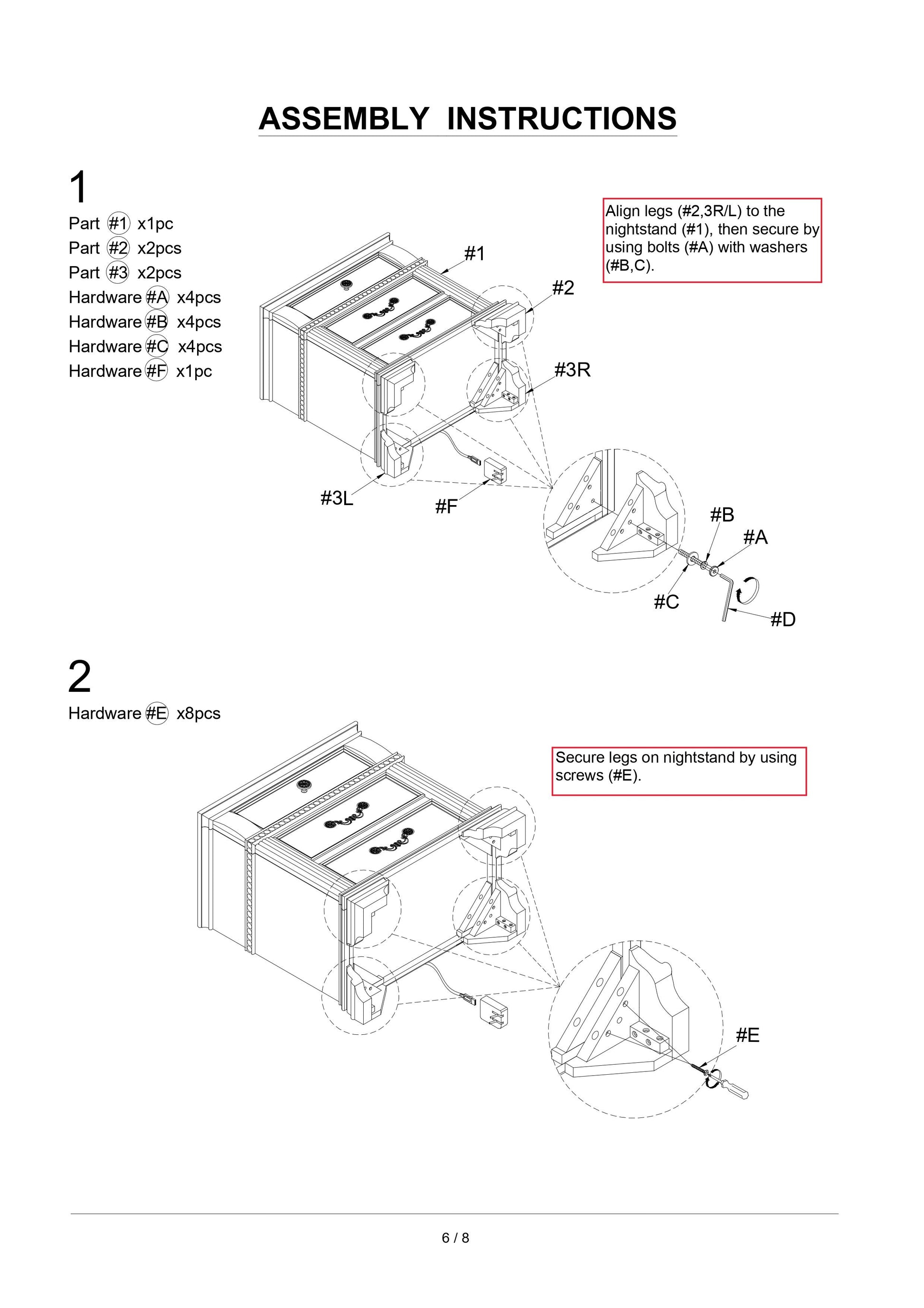 Step  Assemble nightstand parts   L R using hardware A B C D